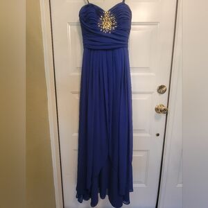 Gorgeous flowy formal dress Royal Blue w jeweled chest & ruched fabric sz 3/4